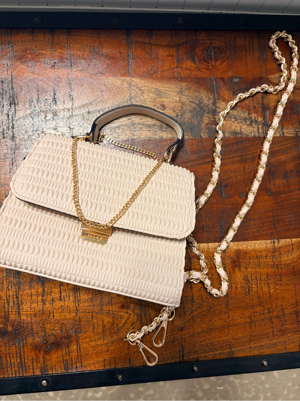Aldo Cream Quilted Crossbody with Gold Chain Trim
